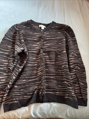 Christopher & Banks Black and Tan Striped Crew Cardigan